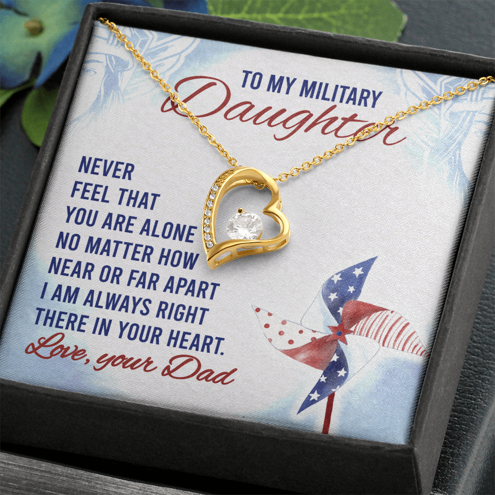 To My Military Daughter Forever Love Necklace – 14k White or 18k Yellow Gold, Cubic Zirconia Heart Pendant with Adjustable Chain – Perfect Gift from Dad, Military Daughter Gift