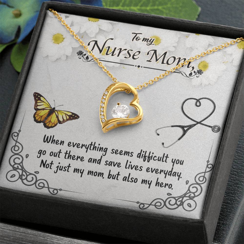 To My Nurse Mom – Forever Love Necklace with CZ Crystal Pendant, Inspirational Gift for Nurses, Hero Mom Jewelry, 14K White or Yellow Gold
