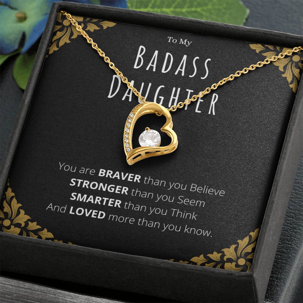 Badass Daughter Necklace Gift – White Gold Forever Love CZ Pendant from Mom or Dad