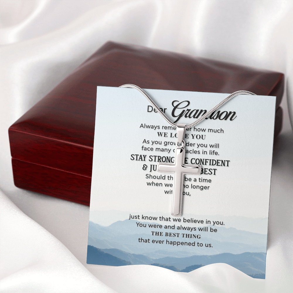 Grandson Cross Necklace Gift from Grandparents – Inspirational Christian Pendant with Love Message Card