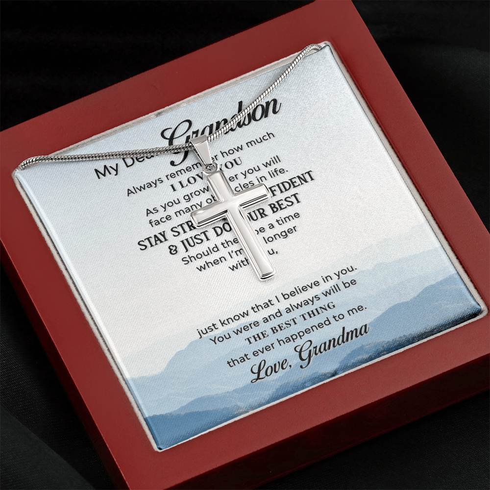 Grandson Cross Necklace Gift from Grandma – Inspirational Message Card & Stainless Steel Artisan Cross