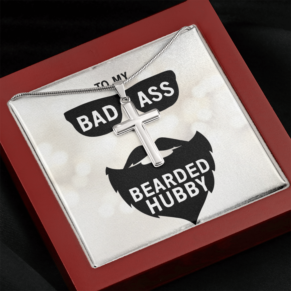 To My Badass Bearded Hubby, Gift From Wife To Hubby, Father's Day Gift For Hubby - Artisan Cross Necklace With Message Card by Best Gifts 305