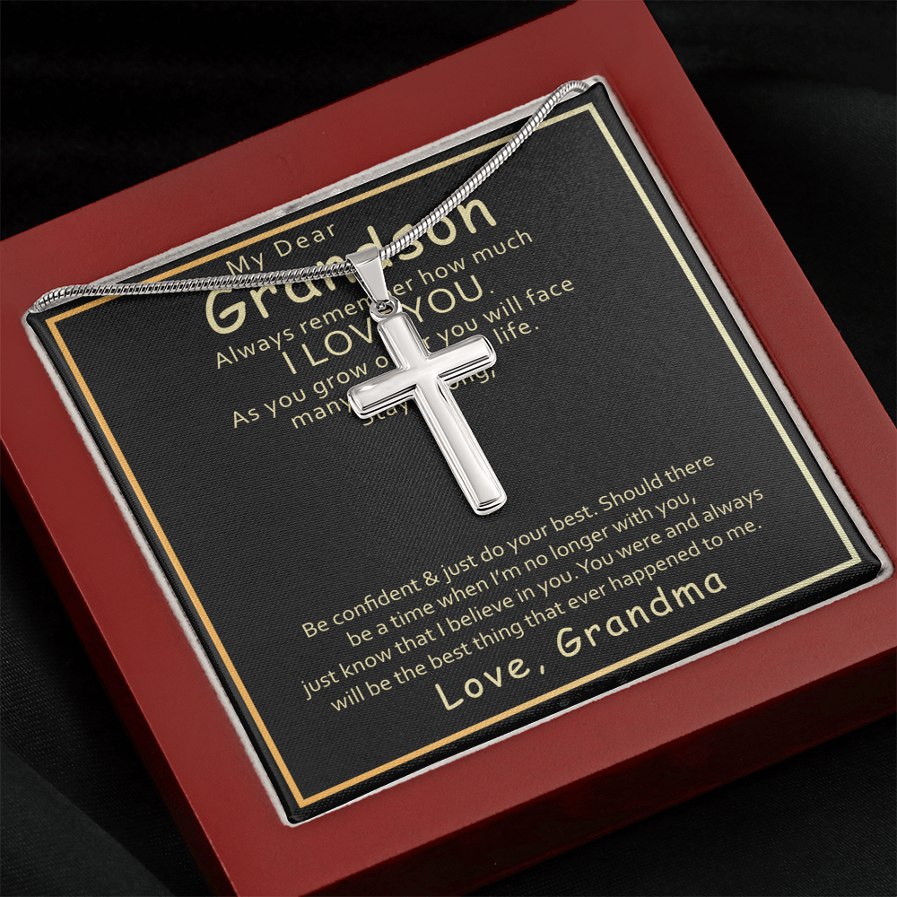 Grandson Cross Necklace Gift from Grandma – Inspirational Faith Pendant with Message Card