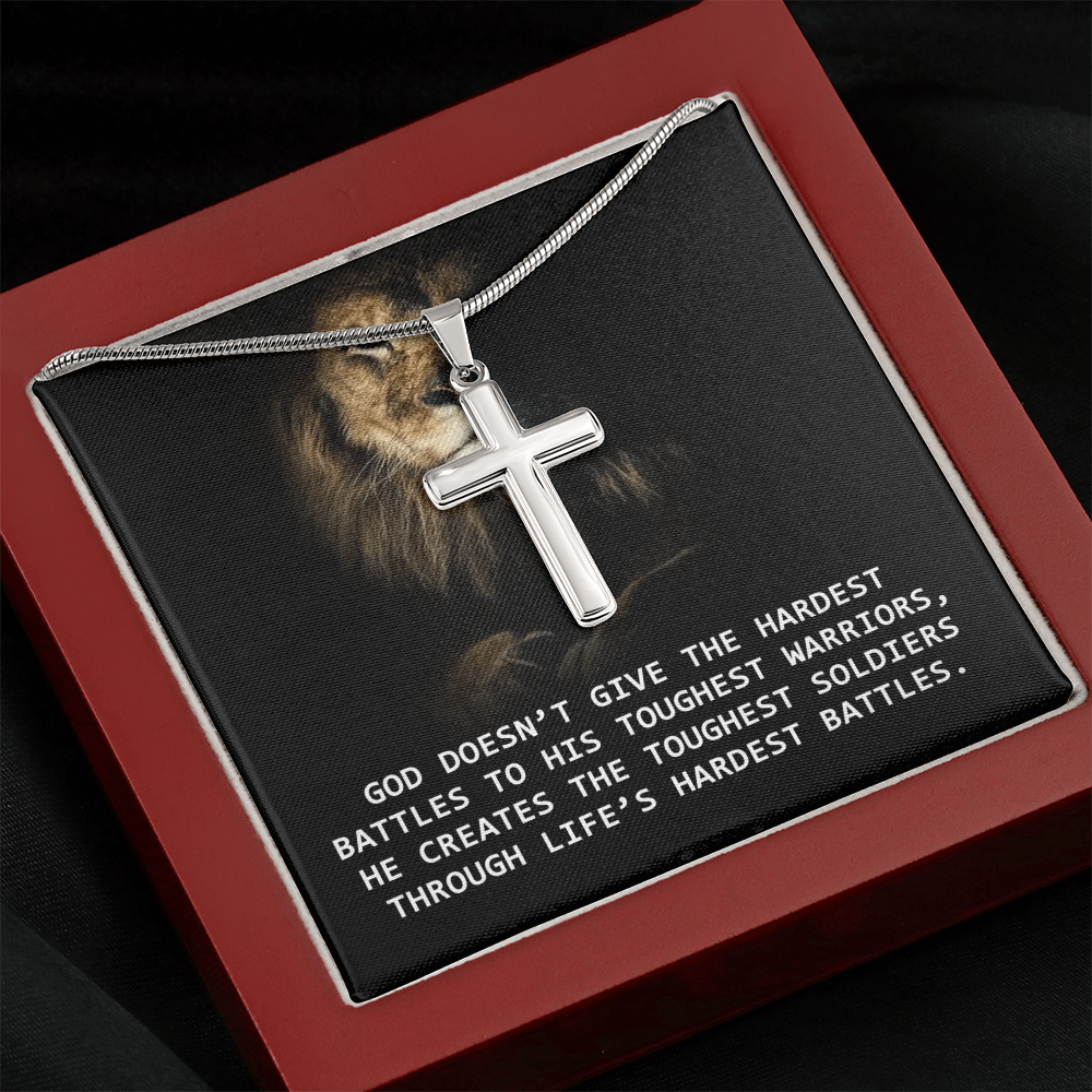 For Him, Gift For Son, Faith Necklace For Him, Artisan Cross Necklace with Snake Chain, Dad's Birthday Gift, God Doesn't Give The Hardest Battles To His Toughest Warrior by Best Gifts 305