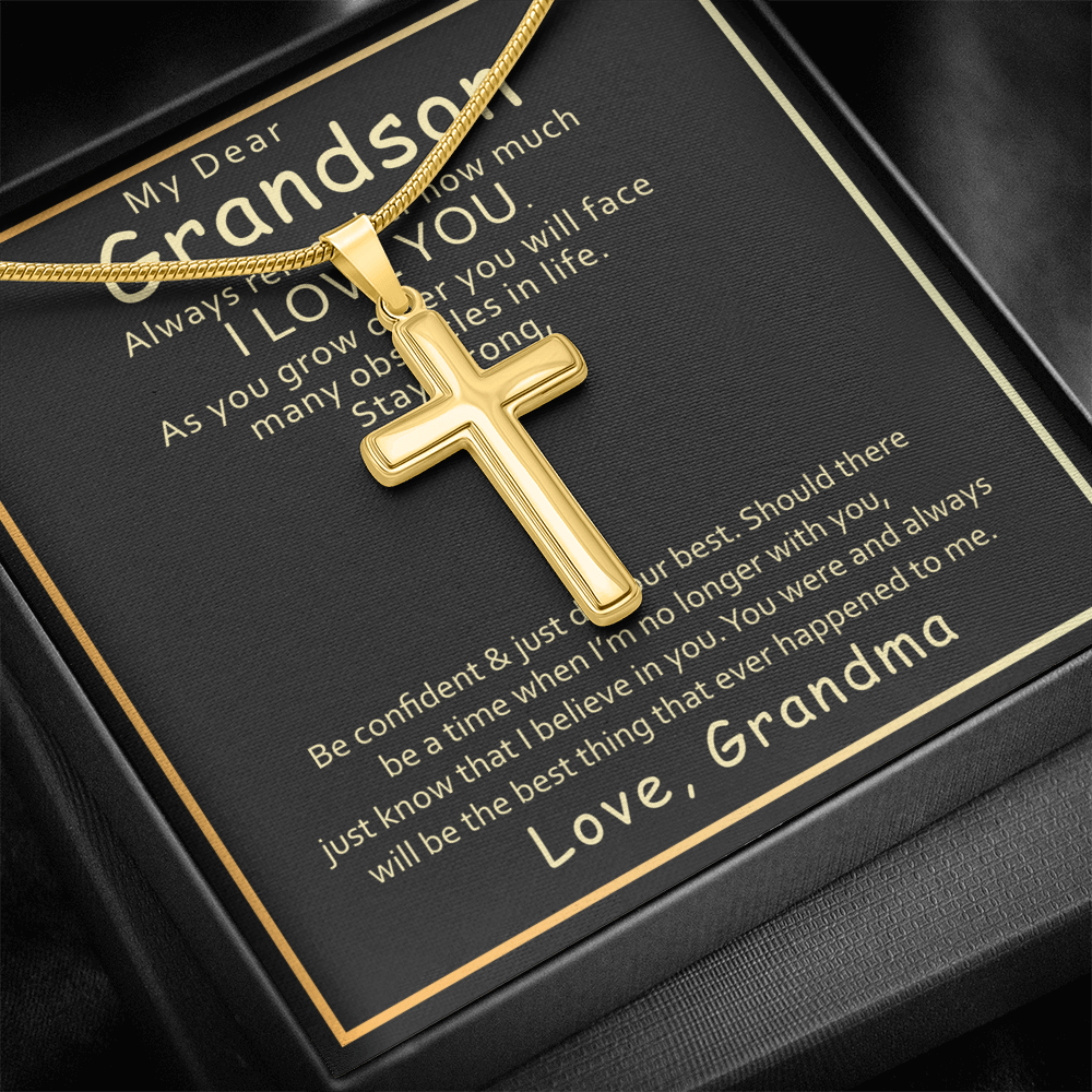 Grandson Cross Necklace Gift from Grandma – Inspirational Faith Pendant with Message Card