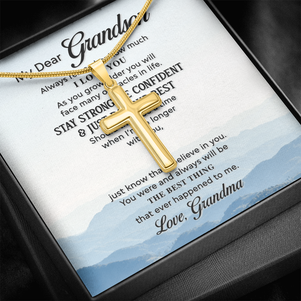 Grandson Cross Necklace Gift from Grandma – Inspirational Message Card & Stainless Steel Artisan Cross