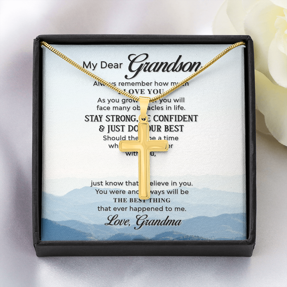 Grandson Cross Necklace Gift from Grandma – Inspirational Message Card & Stainless Steel Artisan Cross