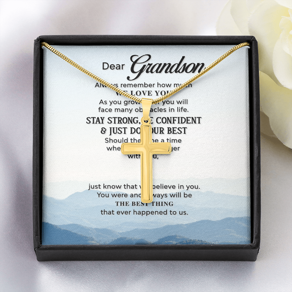 Grandson Cross Necklace Gift from Grandparents – Inspirational Christian Pendant with Love Message Card