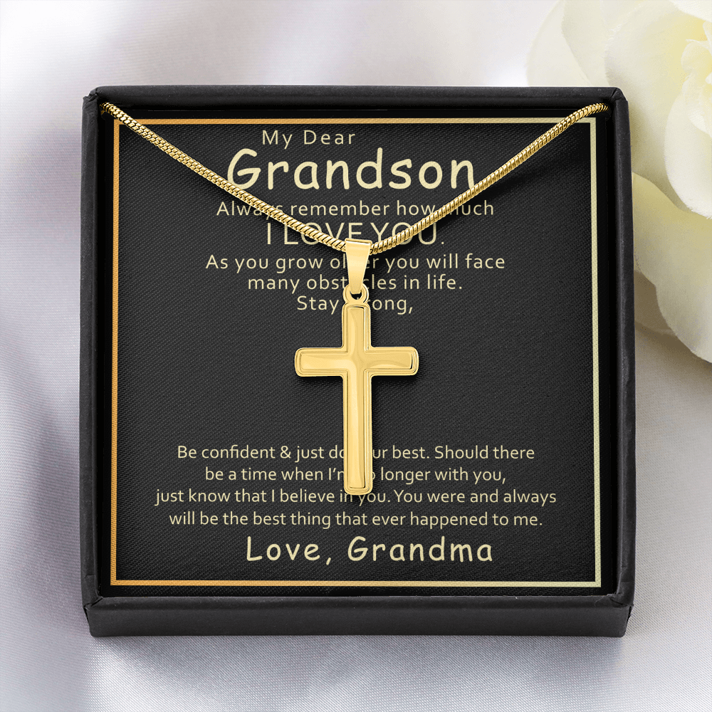 Grandson Cross Necklace Gift from Grandma – Inspirational Faith Pendant with Message Card