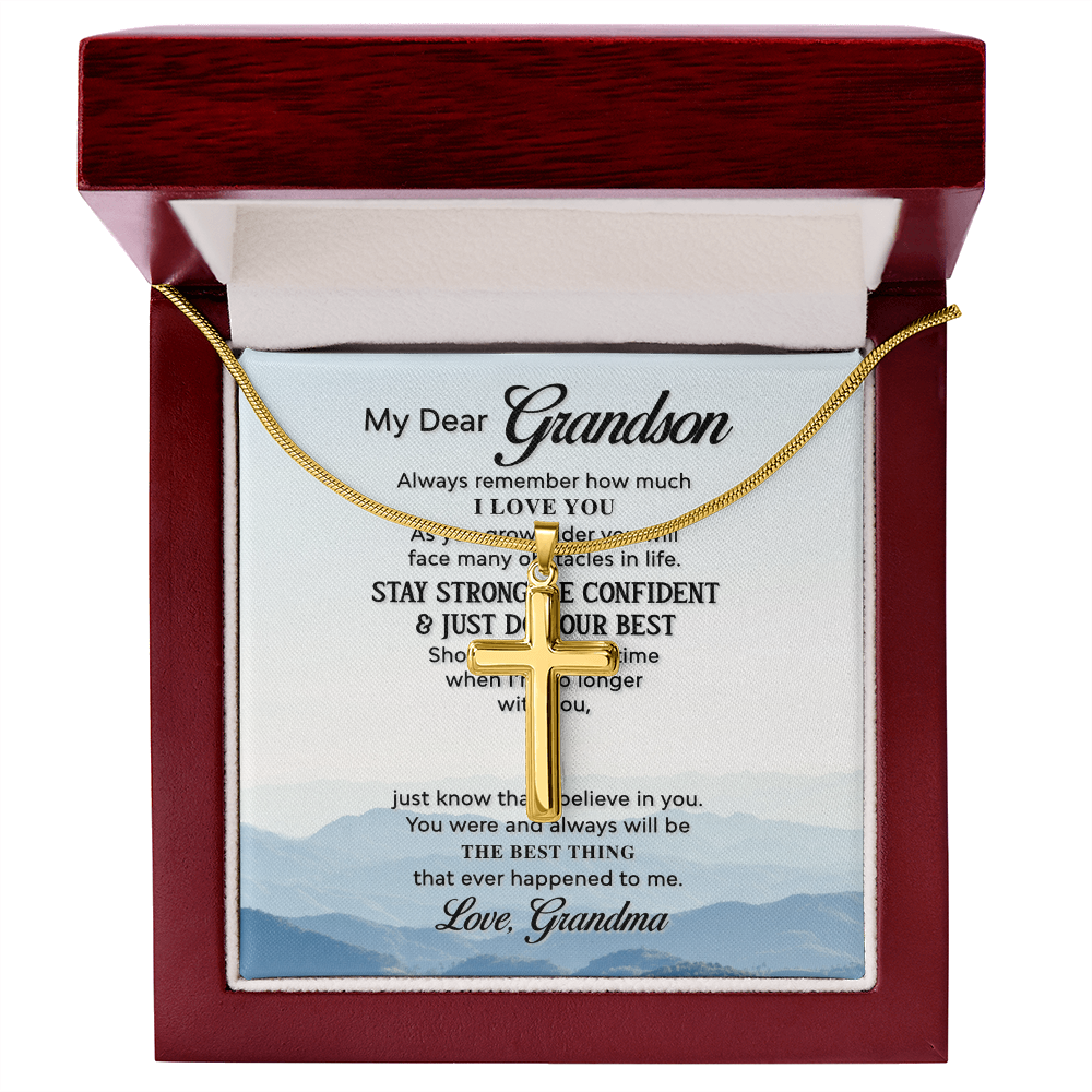 Grandson Cross Necklace Gift from Grandma – Inspirational Message Card & Stainless Steel Artisan Cross