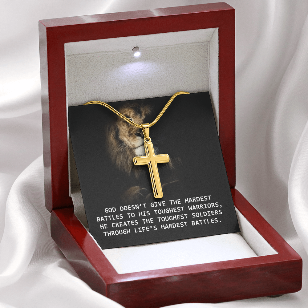 For Him, Gift For Son, Faith Necklace For Him, Artisan Cross Necklace with Snake Chain, Dad's Birthday Gift, God Doesn't Give The Hardest Battles To His Toughest Warrior by Best Gifts 305