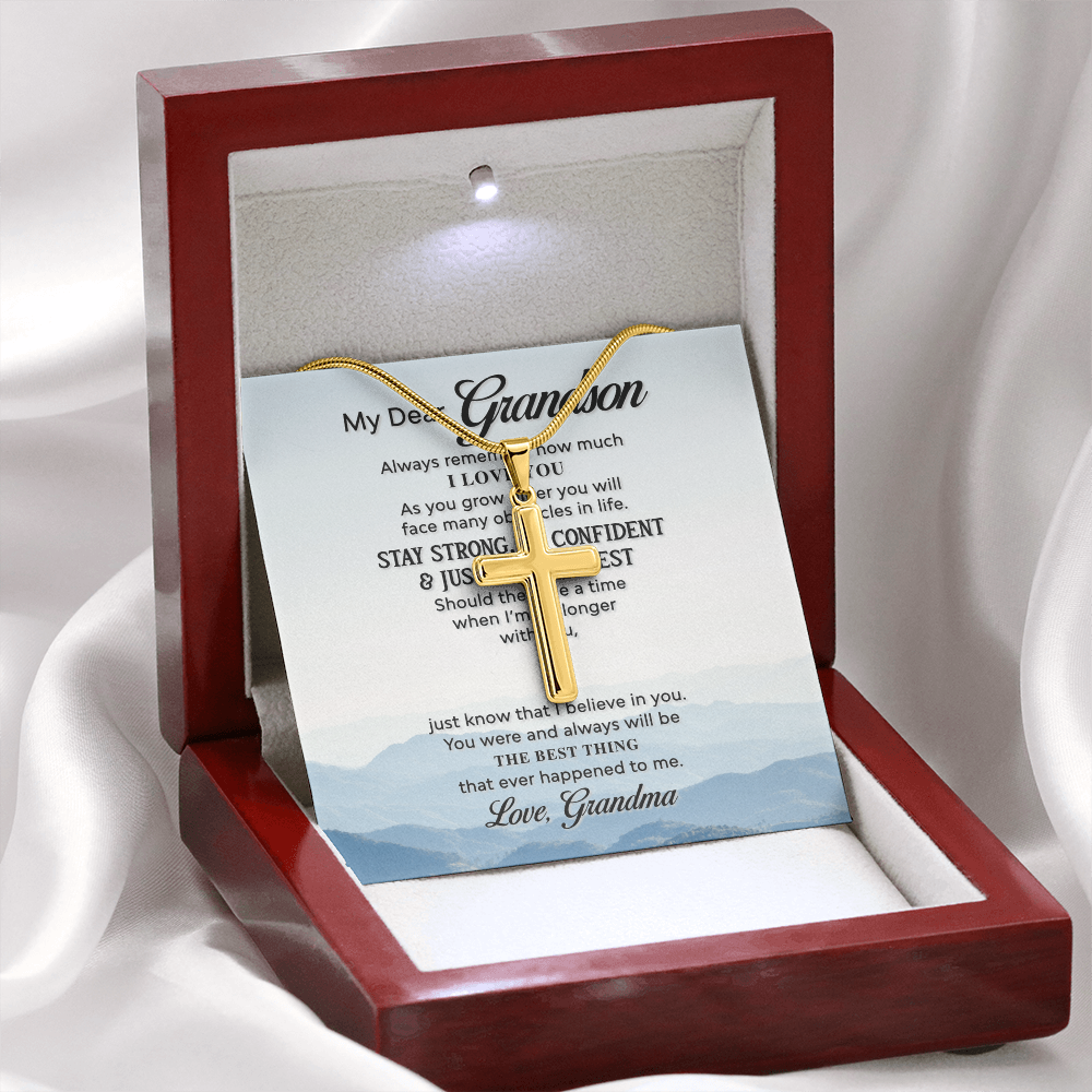 Grandson Cross Necklace Gift from Grandma – Inspirational Message Card & Stainless Steel Artisan Cross