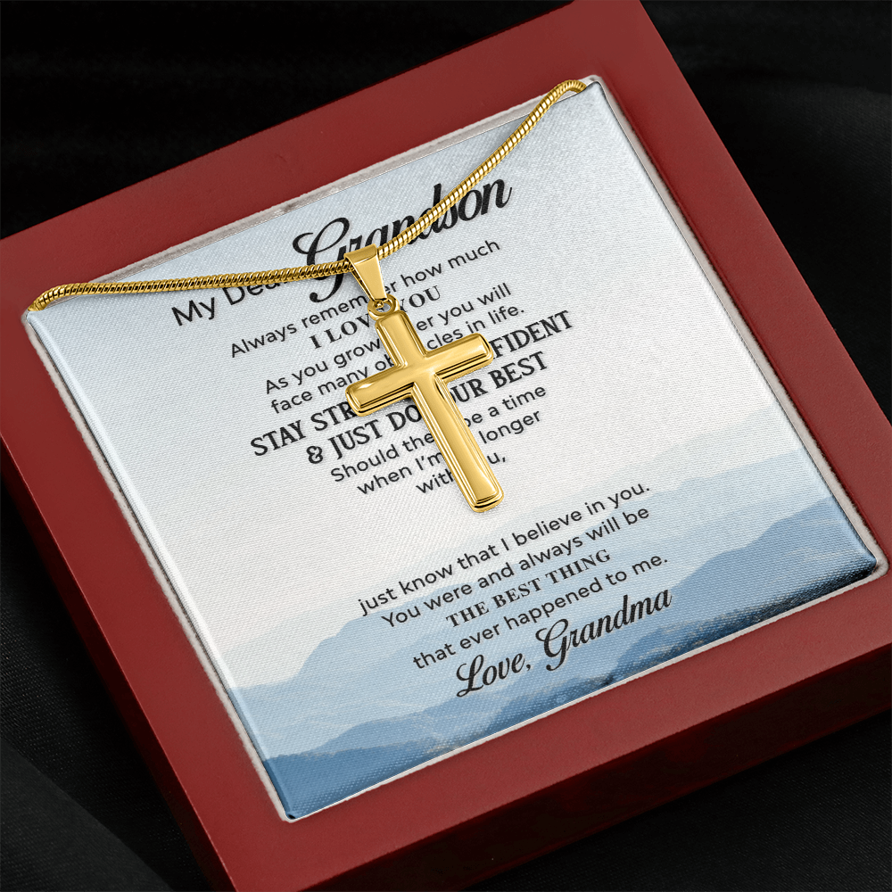 Grandson Cross Necklace Gift from Grandma – Inspirational Message Card & Stainless Steel Artisan Cross