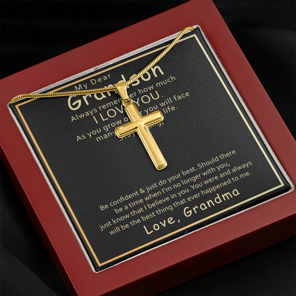 Grandson Cross Necklace Gift from Grandma – Inspirational Faith Pendant with Message Card